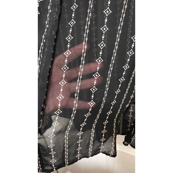 Pleione Women's Femme Black Sheer Button-Down Long Sleeve Shirt Geometric Patter - Picture 6 of 8